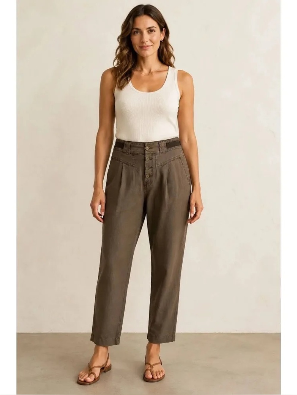 Sundance Brown Linen Tencel Button Fly Pleated Trousers Pants 10P